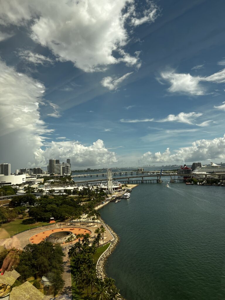 this photo shows the view from the hotel room, overlooking turqouise waters of the biscyane bay in Miami
