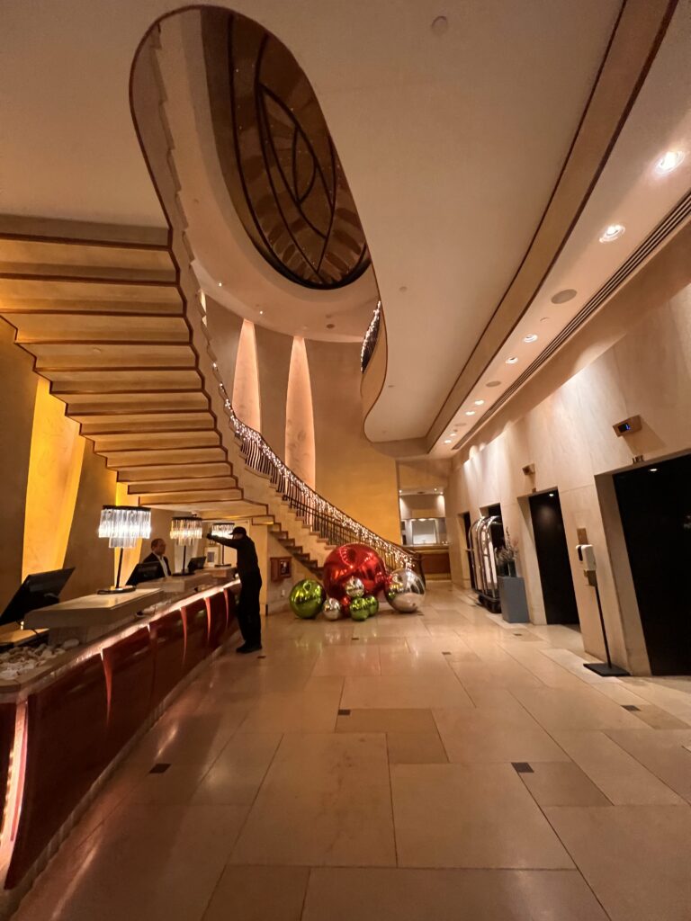 photo of the hotel lobby at the W Union Square with christmas decorations in the centre of the lobby